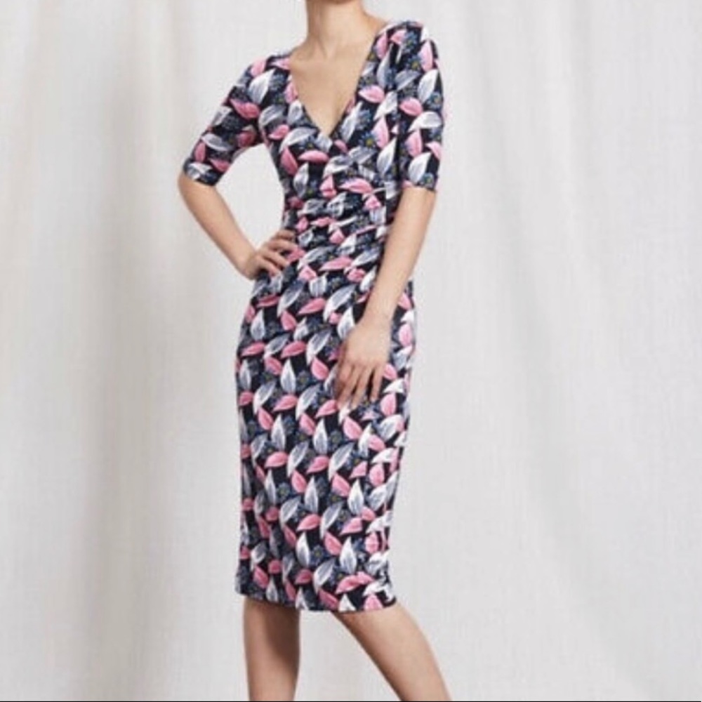 Boden Ruth faux mock wrap viscose jersey dress navy blue pink mauve 6R valentine